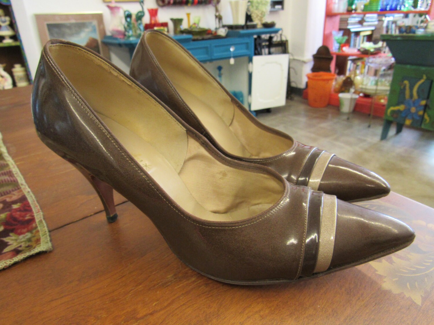 Brown Striped Patent Leather Women's Shoes Kitten Heels Etsy