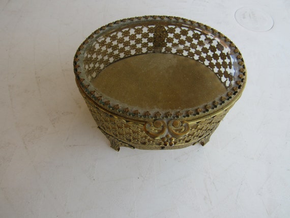 Vintage Ornate Metal and Beveled Glass Footed Tri… - image 1