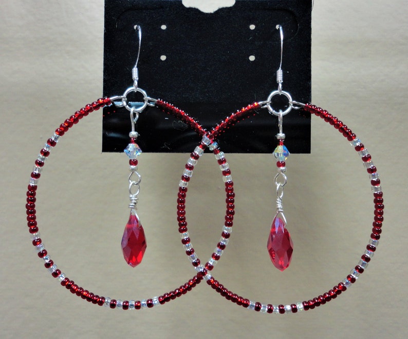 Ruby Red Crystal Sparkly Beaded Silver Dangle Hoop Hook Earrings Native American Made Round 2 inch Pierced Ear Jewelry Hypoallergenic Gift