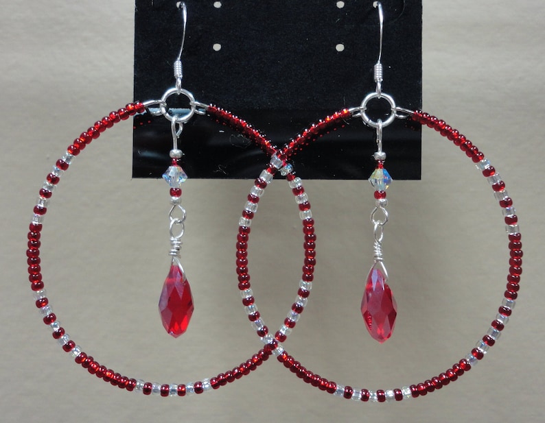 Ruby Red Crystal Sparkly Beaded Silver Dangle Hoop Hook Earrings Native American Made Round 2 inch Pierced Ear Jewelry Hypoallergenic Gift