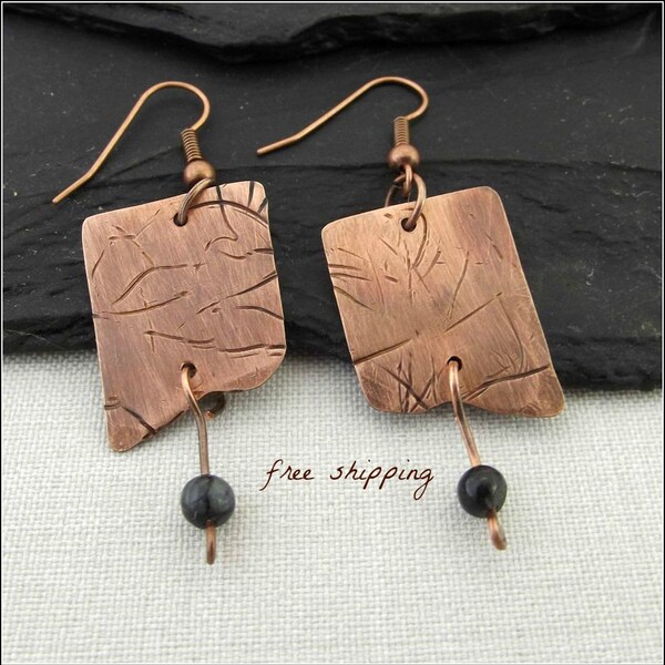 Artisan Copper Earrings with Blue Stone Bead Dangles
