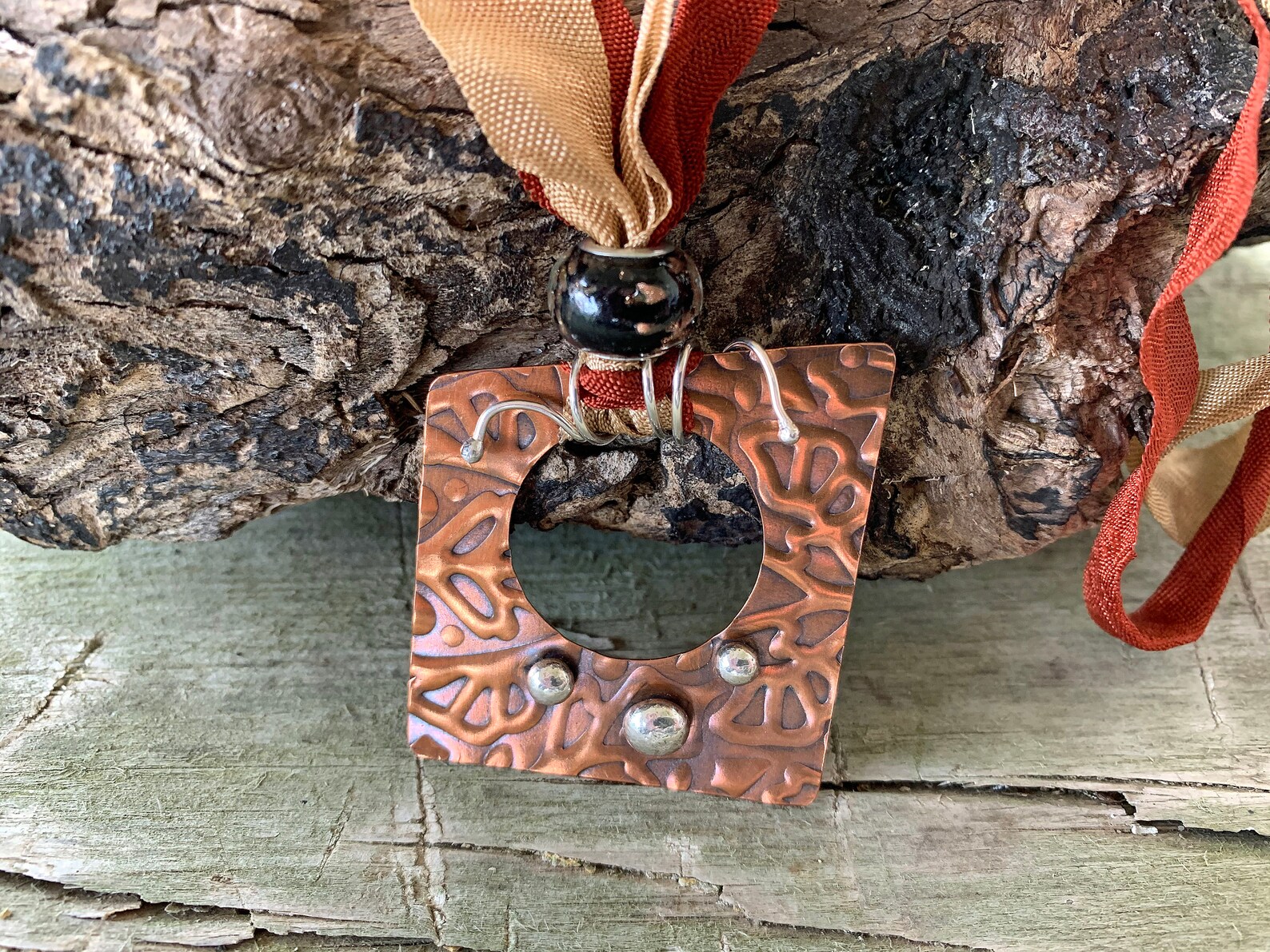 Copper Stacked Embossed Cutout Pendant With Sterling Silver Etsy