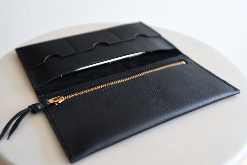 Cartera de cuero con bolsillo para teléfono y estuche con cremallera Deep Black