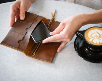 Cartera de cuero para teléfono con bolsillo para teléfono y bolsillo con cremallera