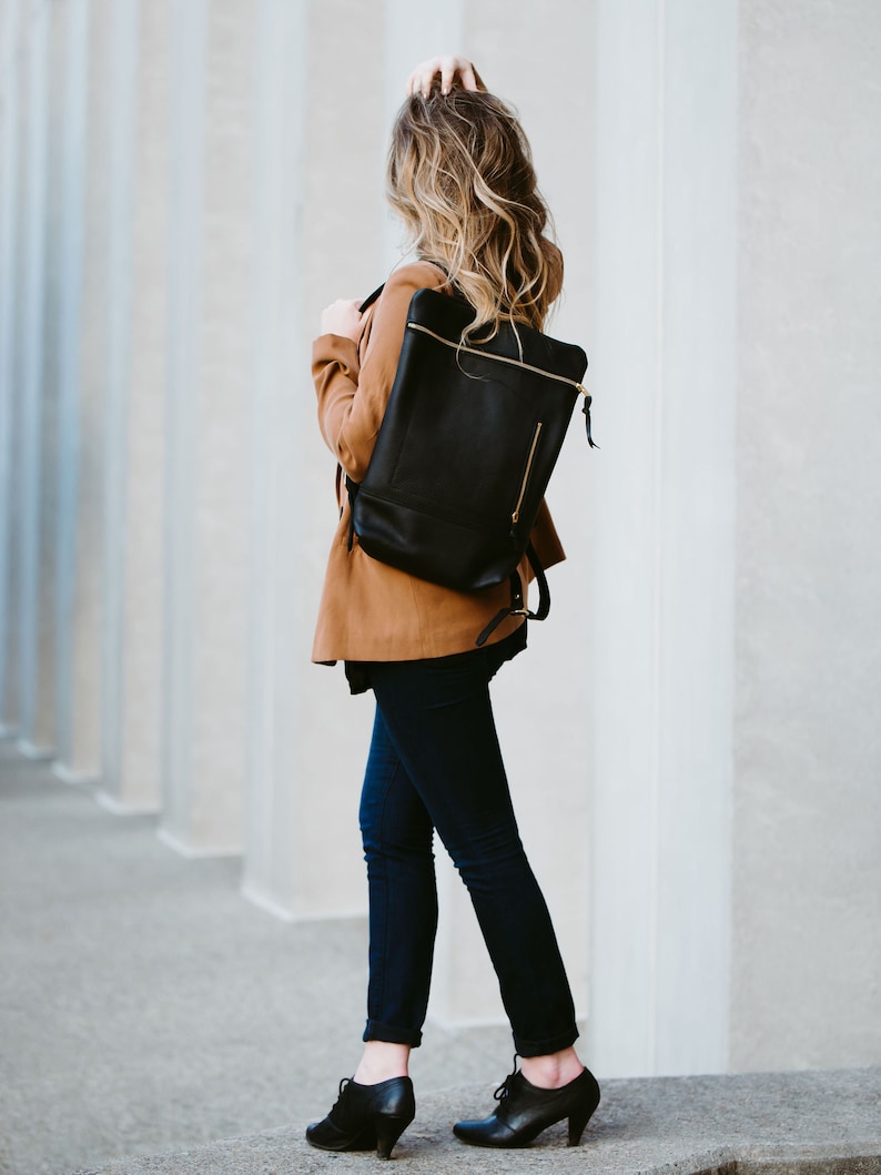 Leather Daypack, City Backpack in Wild Honey Kodiak Deep Black