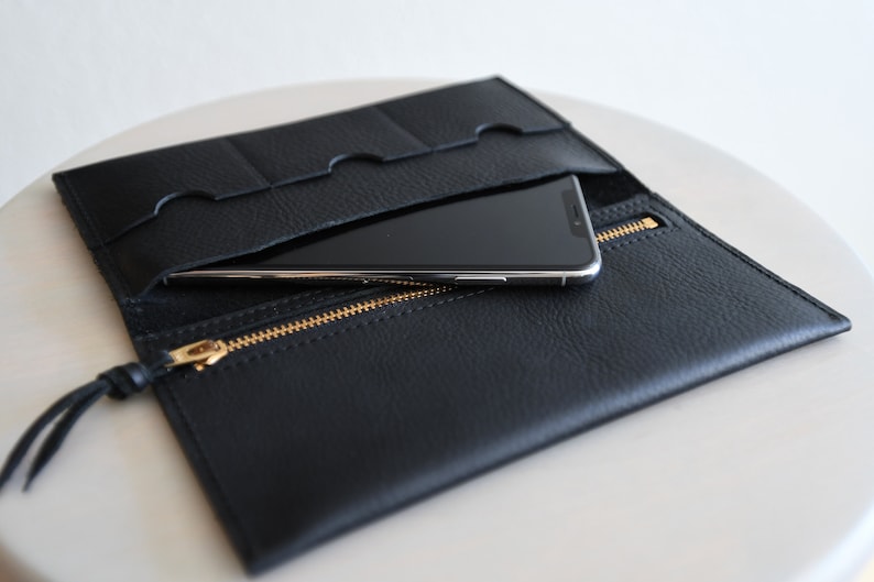 Cartera de cuero para teléfono con bolsillo para teléfono y bolsillo con cremallera imagen 1