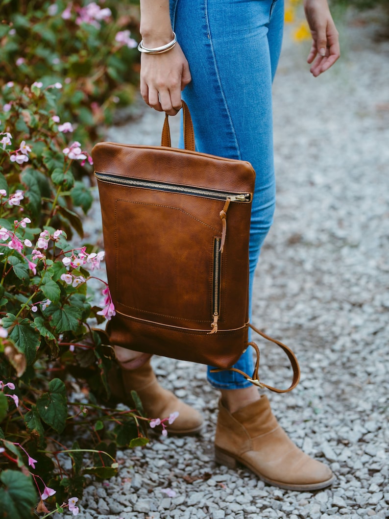 Leather Daypack, City Backpack in Wild Honey Kodiak image 8