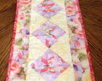 Pastel Table Runner, Purple Butterflies, Quilted Pink, Purple and Yellow Decor, Hostess Gift, Quiltsy Handmade