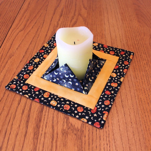 Halloween Quilted Candle Mat, Medium Black, Yellow + Orange 3D Mini Quilt, Centerpiece, Vase or Plant Mat, 3D Candle Mat, Hostess Gift