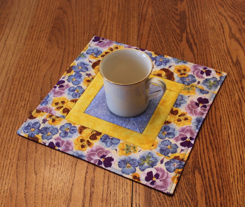 Quilted Candle Mat Blue and Purple Pansies Large Mini Quilt Etsy
