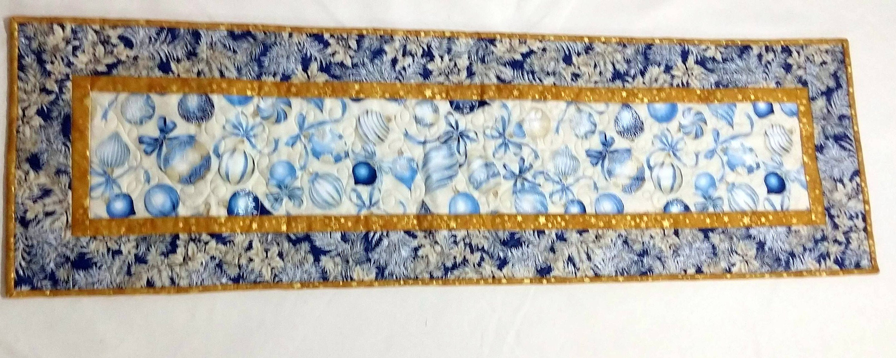 Christmas Quilted Table Runner Blue with Gold and Silver Etsy
