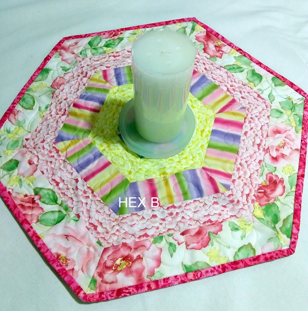 Pastel Table Topper, Rose Hex Table Cover Quilt, Quilted Green, Pink