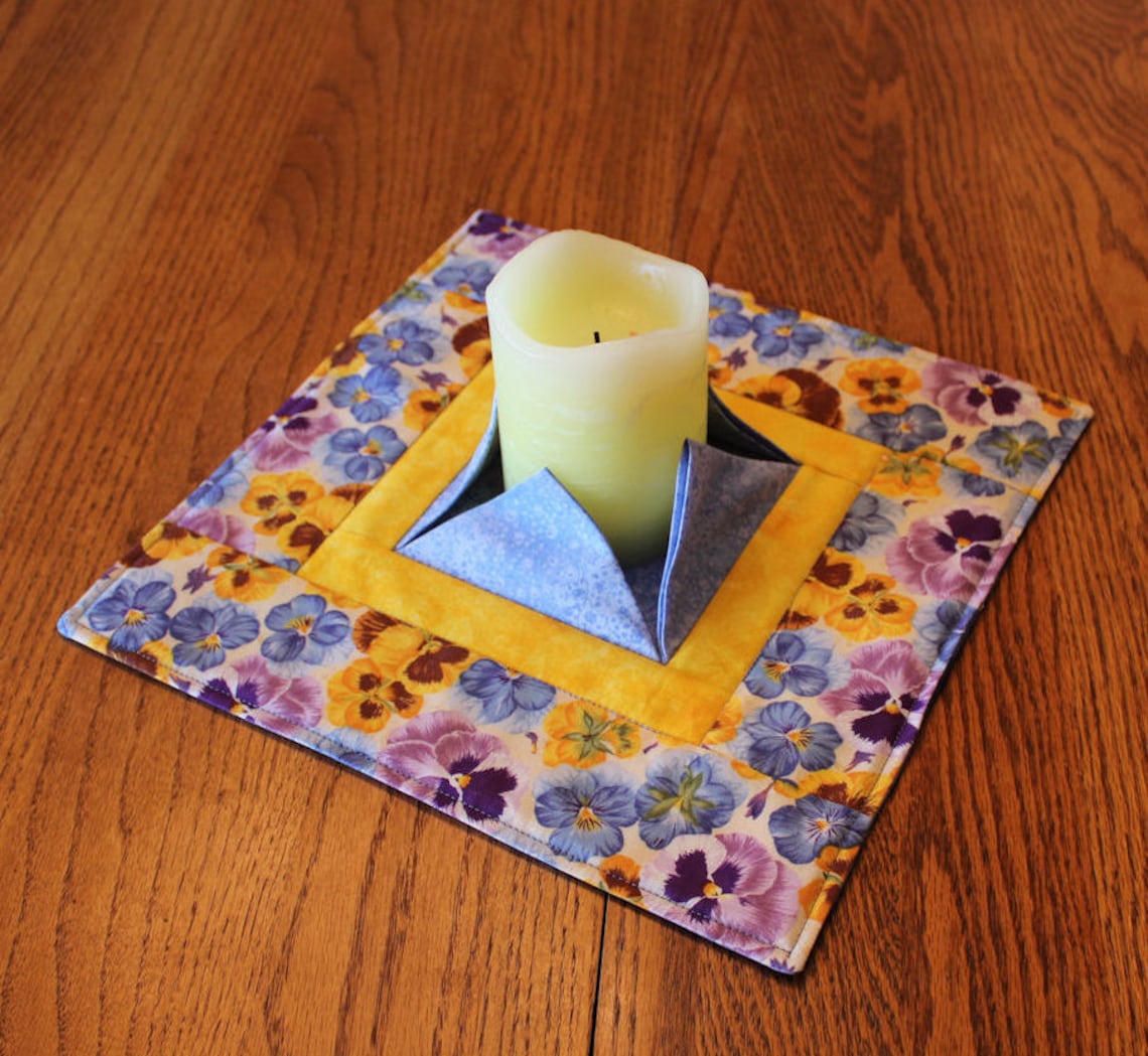 Quilted Candle Mat Blue and Purple Pansies Large Mini Quilt Etsy