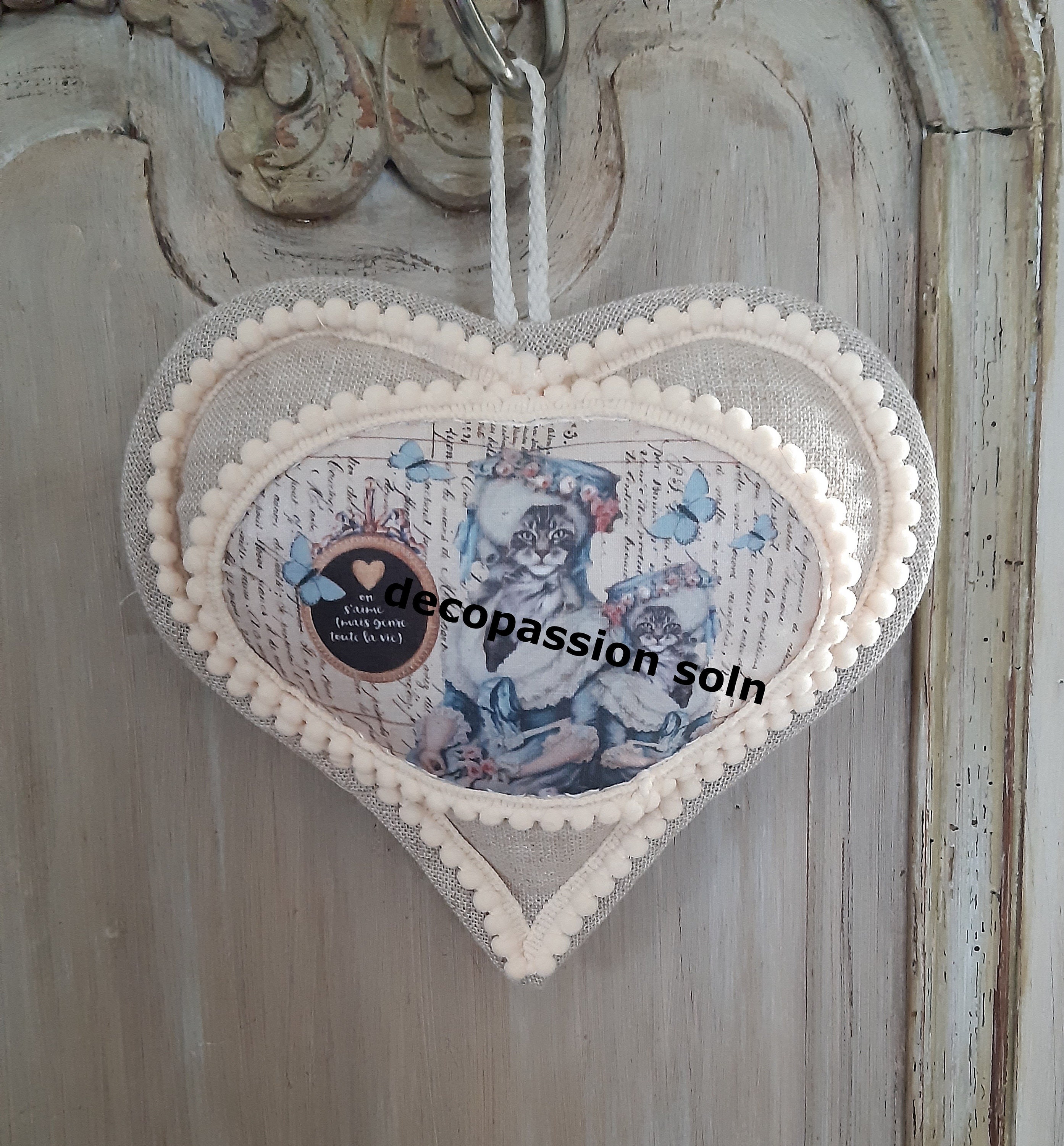 Coussin Coeur à Suspendre Shabby Chic Motif Chat