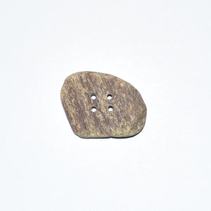 May include: A brown and green stone button with four holes.