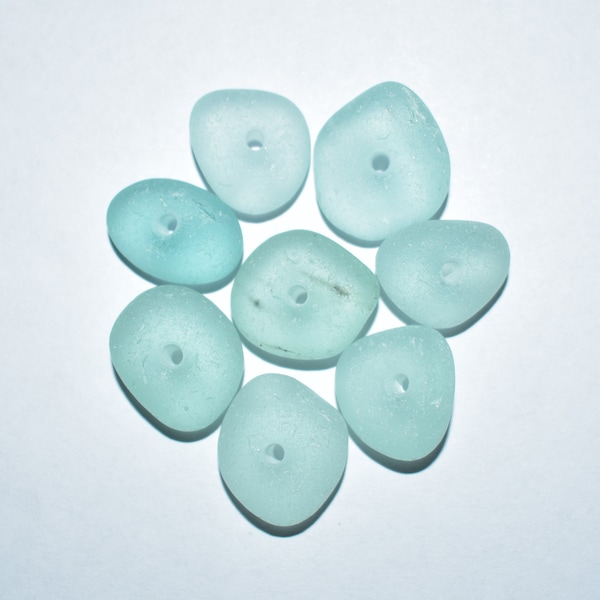 Genuine Sea Glass Beads 15-17 mm 8 pc Blue Beach Glass Beads Real Seafoam Sea Glass Authentic Jewelry Beads Center Drilled Sea Glass