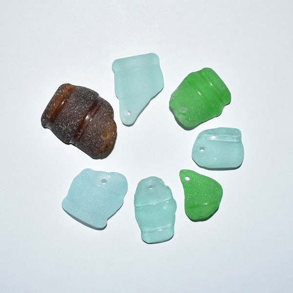 REAL Sea Glass Beads BOTTLE NECK 23-33mm Green Seafoam Blue Sea Glass Pendants Beach Glass Beads Charms Top Drilled Jewelry Craft Beads