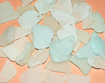 Large Sea Glass Beads Bulk Drilled Craft Sea Glass Beads White & Seafoam Blue Genuine Natural Beach Glass Beads With Holes (21-30mm)
