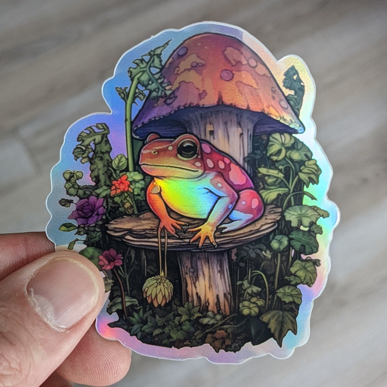 Cute Magical Holographic Die Cut Sticker Frog With Mushrooms Trippy ...