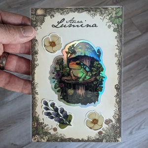 Cute Magical Holographic Die Cut Sticker Frog with Mushrooms Trippy Cottagecore - Weatherproof and Dishwasher Safe