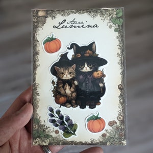 Adorable Cottagecore Style Kitten Witches and Pumpkins Sticker Set - Weatherproof and Dishwasher Safe