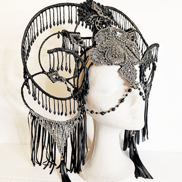 Goddess Warrior Tribal Headpiece with Beads & Rhinestones, Vegan Leather Statement Piece for Festivals, Stage Shows, Performance