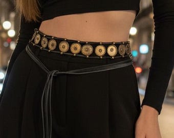 Boho Belt: Leather with Antique tribal pieces, adjustable