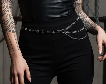 Black & Silver leather belt with chains - punk rock modern chic - Goth style