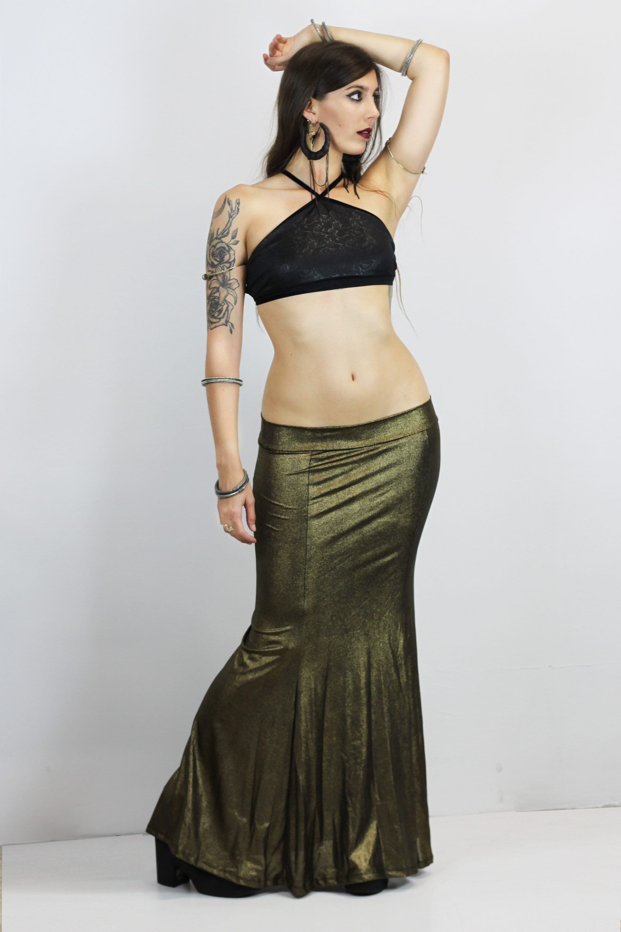 Dark silver Metallic Mermaid Skirt - Long skirt, Tribal Fusion goth  clothing