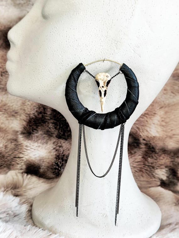 Vegan Gothic Raven Skull Hoop Earrings: Dark Punk Jewelry