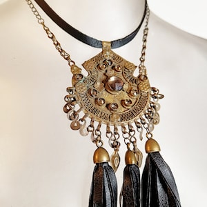 Boho Chic Tribal Necklace - Antique Chain with Tribal Rhinestone Pendant - Ethnic Statement Jewelry