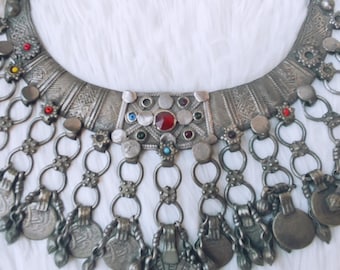 Antique Pakistani Torc Necklace: Silver Alloy, Coins & Red Crystal