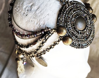 Vintage dark rainbow headdress - 1920s headpiece flapper girl - gatsby headdress - festival headpiece