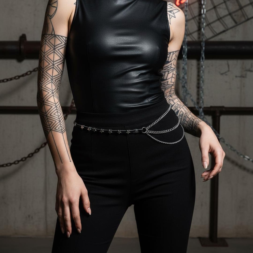 Black & Silver Leather Belt With Chains - Punk Rock Modern  display picture 1
