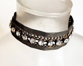 Vintage Gatsby Choker Necklace, Rustic Metal with Sparkling Rhinestones, Bold Vegan Leather Statement Piece for Festivals & Events