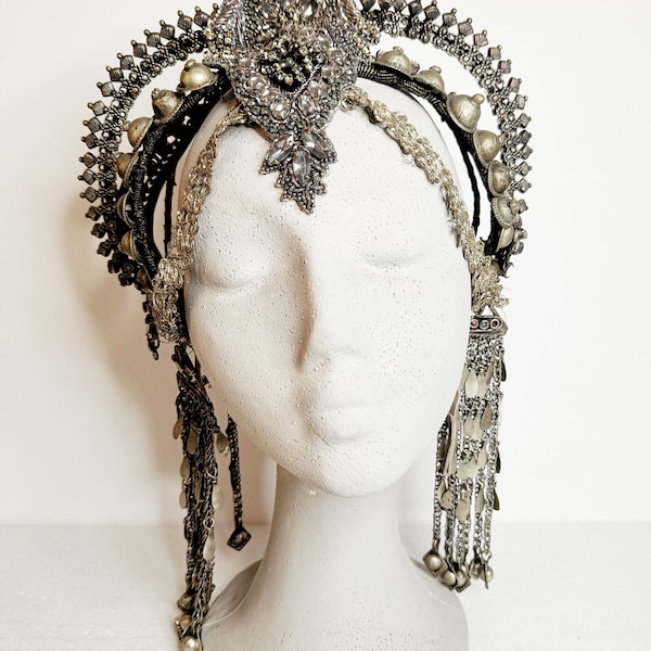 Afgan Tribal Headpiece with Beads & Rhinestones - Tribal Goddess Statement Piece for Festivals