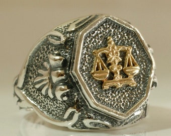 Vintage large signet ring for men, unique huge ring, decorated with solid gold Zodiac symbol, Israeli jewelry , made on Haifa.