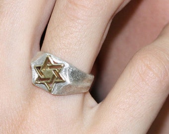 Elegant Silver ring foe women, decorated with gold Magen David symbol, Israeli jewelry, Jewish gifts for mom.