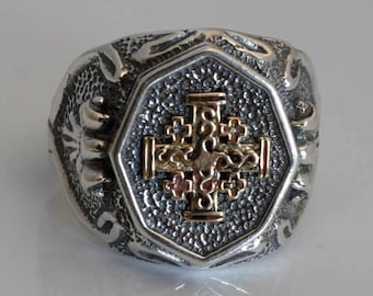 Zilveren zegelring Jeruzalem kruisring Goud Jeruzalem kruis Jeruzalem kruis sieraden Heren gouden zegelring