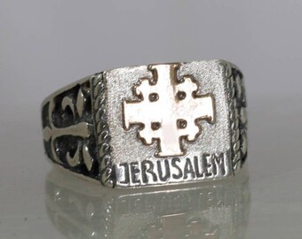 Signet silver men ring decorated with solid gold Jerusalem cross, Israeli jewelry made in Haifa.