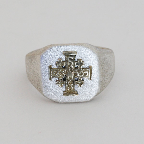 Men silver signet ring with gold Jerusalem cross, Gift for him made in Israel.