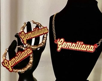 14k gold filled Bamboo Hoops Name Earrings-Hoops with Name- Personalized Name Earrings And Necklace Set