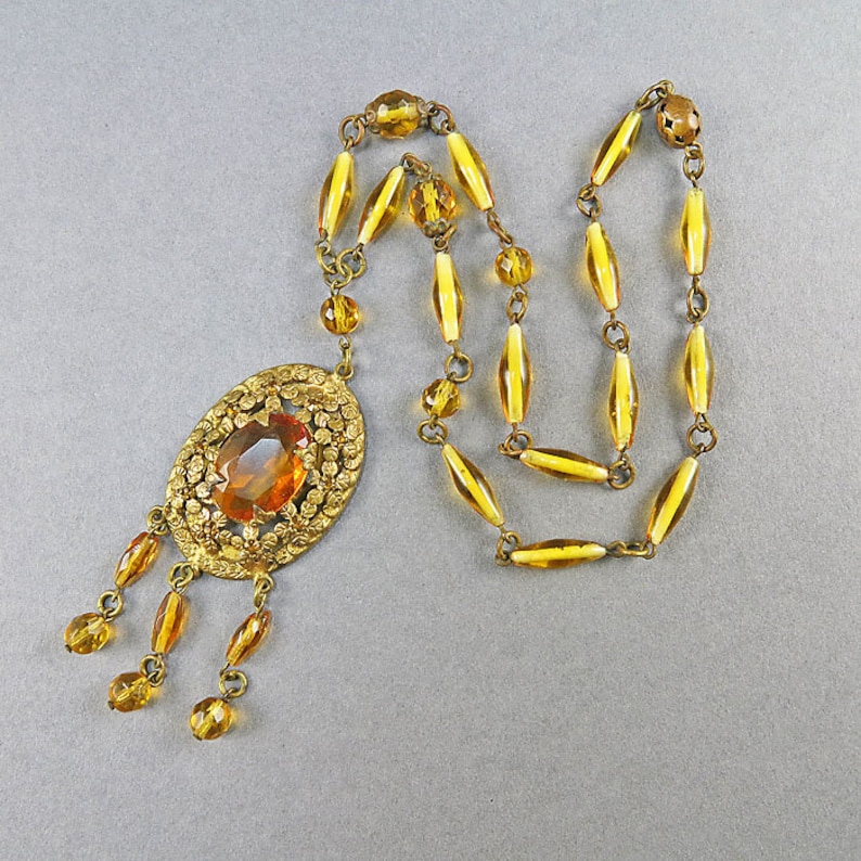 Vintage Czech Glass Beads Necklace Pendant Amber Glass Jewelry Etsy