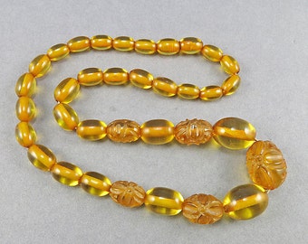 Art Deco Necklace Carved Bakelite Necklace Yellow Bakelite Beads Necklace 1930s Jewelry Vintage Jewellery