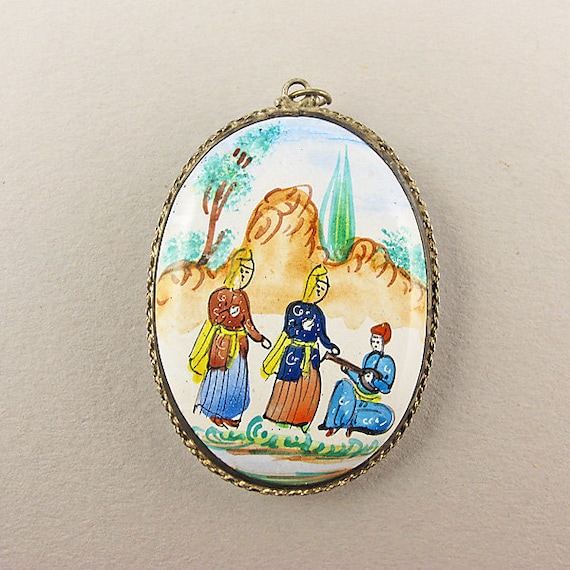 Vintage Persian Jewelry Enamel Pendant Silver Pendant Ethnic Jewelry Vintage Jewellery
