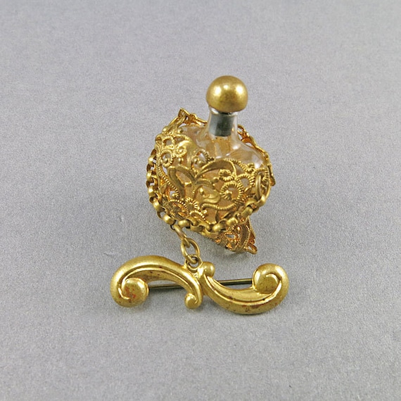 Vintage Filigree Brooch Miniature Parfum Bottle Old Pin 1930s Jewelry Supplies Craft supplies Antiques Collectibles