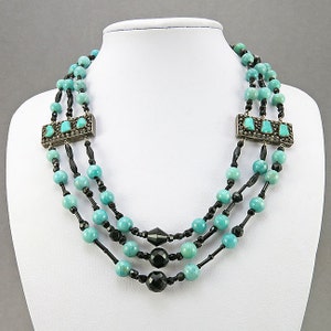 Vintage Multistrand Necklace With Silver Clasp Silver Panels Turquoise Beads Green Stone Black Glass Beaded Necklace Vintage Collectibles