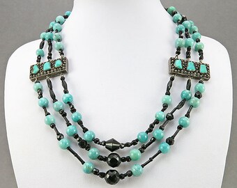 Vintage Multistrand Necklace With Silver Clasp Silver Panels Turquoise Beads Green Stone Black Glass Beaded Necklace Vintage Collectibles