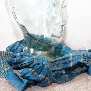 Vintage 196s 1970s  blue  gold scarf  head  or  neck   9 inchwide 79  in long