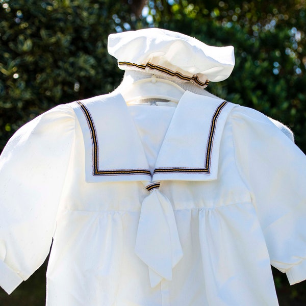vintage christening   designer silk  sailor  & beret christening  baptism  romper age /6/9 months
